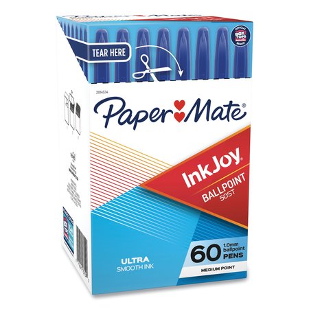 PAPER MATE InkJoy 50ST Stick Ballpoint Pen, 1mm, Blue Ink, Wht/Blue Barrel, PK60 2014534